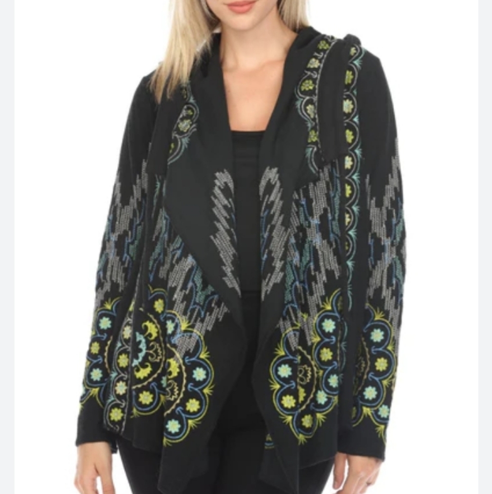 Johnny Was Biya Bianca Embroidered Hooded Cardigan Navy L